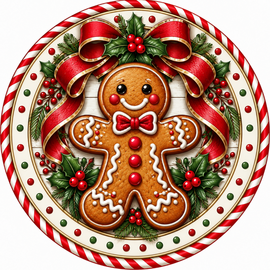 A gingerbread man figure surrounded by festive decorations, including red and white ribbons, holly leaves, berries, and a bow tie.