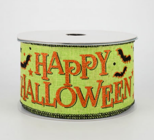 a spool of halloween ribbon with a happy halloween message on it