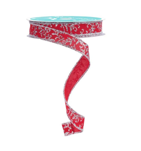 A red and silver floral patterned ribbon is shown, with the ribbon winding around itself in a spiral pattern.