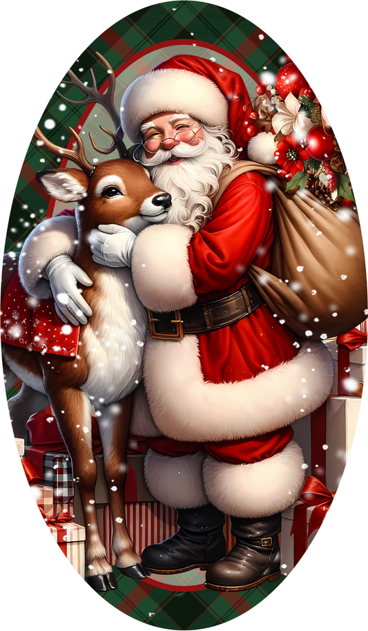 Santa Claus hugging a reindeer, surrounded by Christmas decorations and gifts.