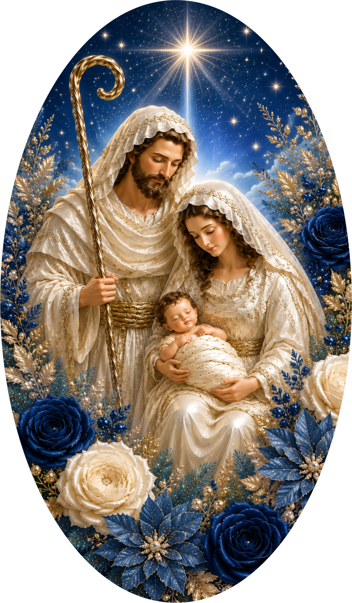 a religious scene with a man holding a staff and a woman holding a baby, surrounded by flowers and a starry night sky.