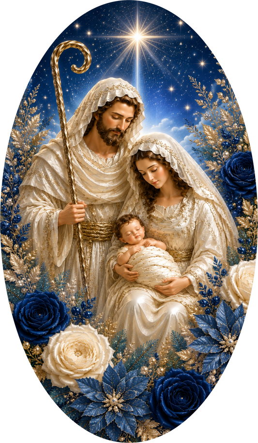 a religious scene with a man holding a staff and a woman holding a baby, surrounded by flowers and a starry night sky.
