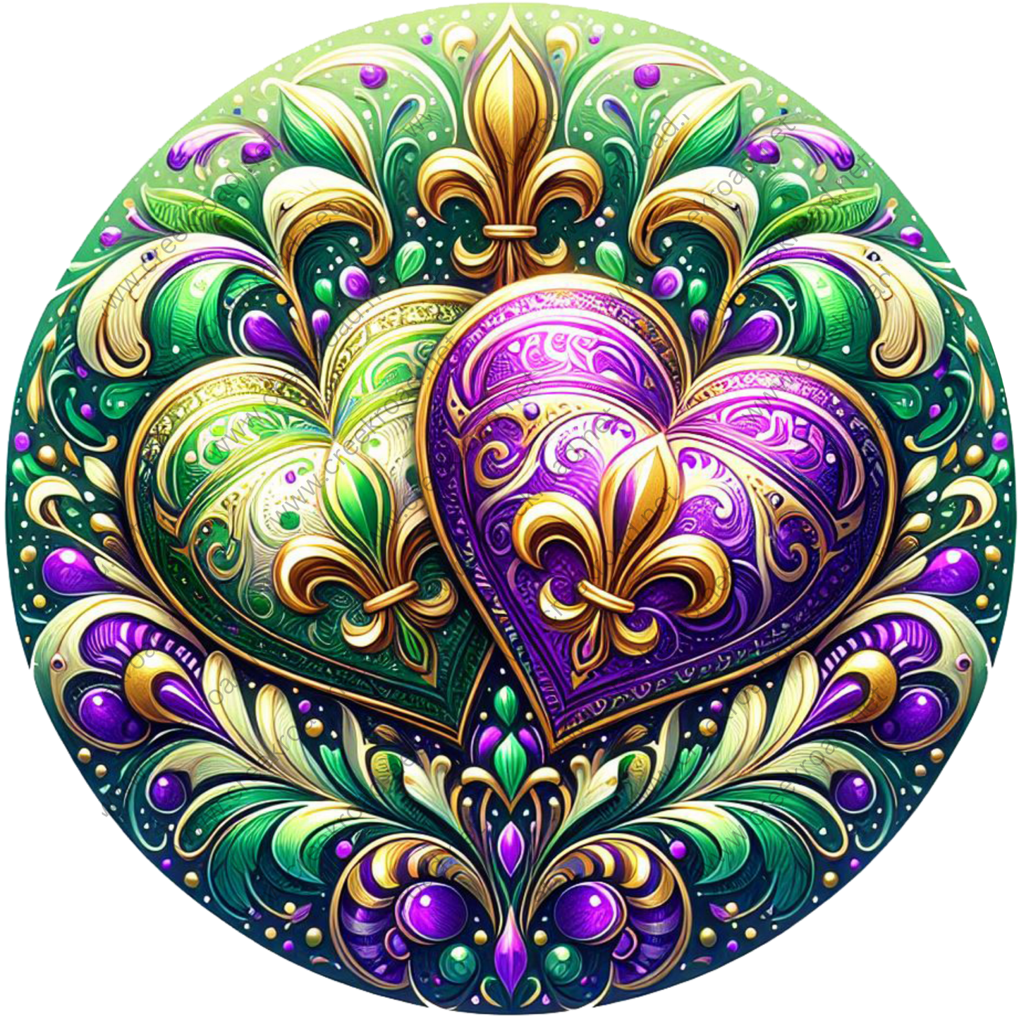 The image is a vibrant and intricate circular design featuring two ornate hearts, each adorned with a fleur-de-lis flower and surrounded by a lush array of green, purple, and gold elements. The design is rich in detail and color, creating a visually striking and captivating composition.