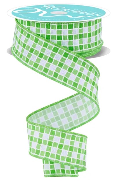 A roll of green and white checkered ribbon is shown against a white background.