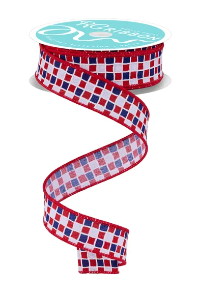 A spiral-shaped ribbon with a red, white, and blue checkered pattern.