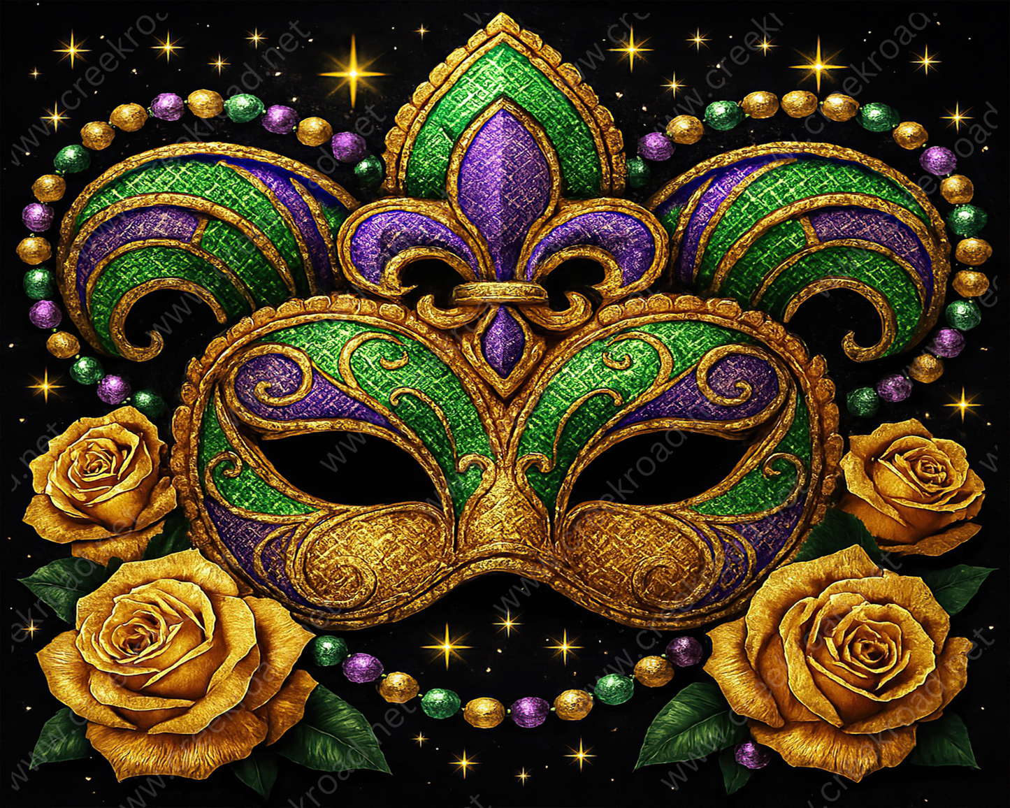 a detailed and ornate Mardi Gras mask adorned with gold, purple, and green elements, surrounded by yellow roses and beads against a starry night sky background.
