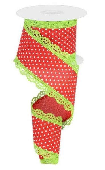 A red and green polka dot ribbon with a scalloped edge and a white lace trim.