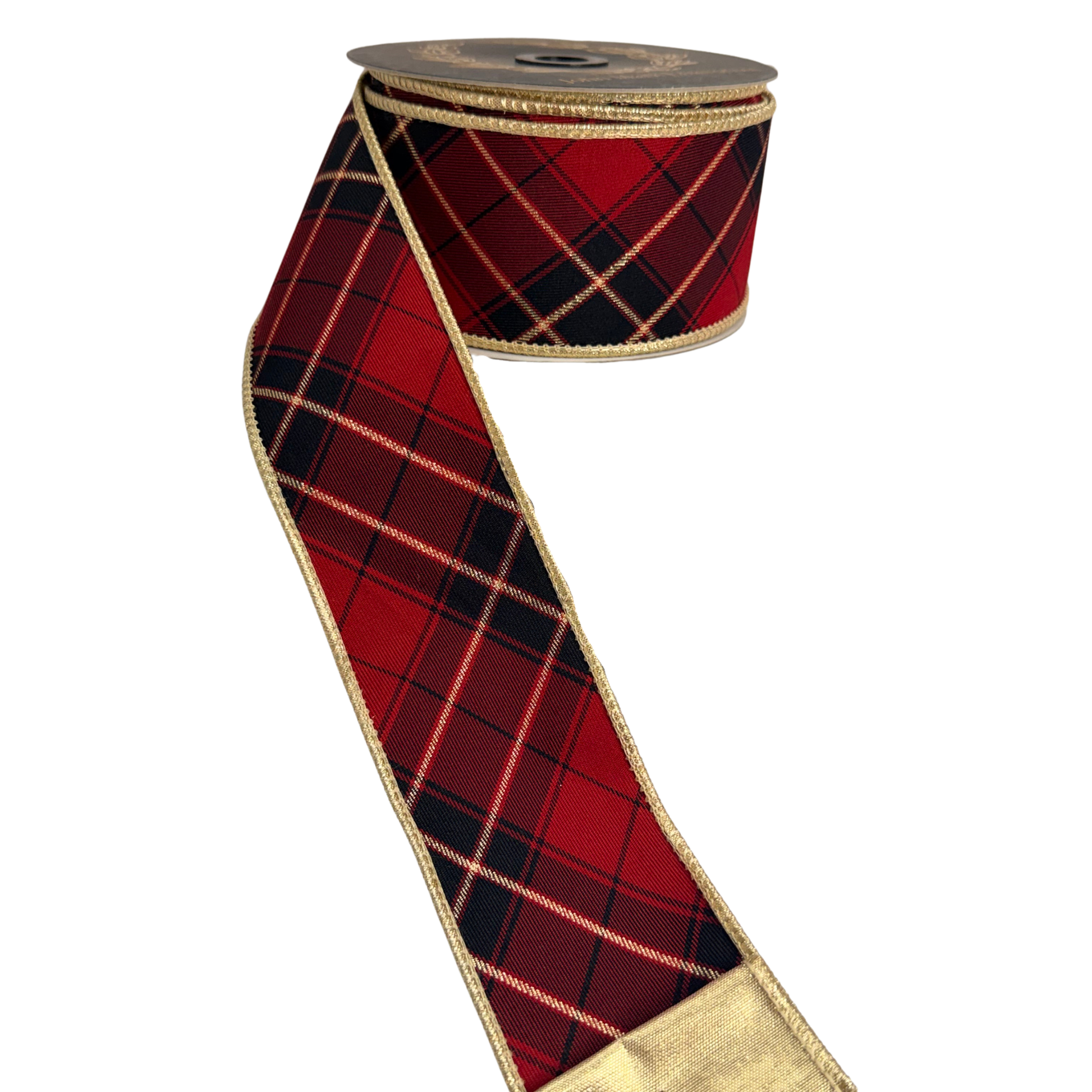 A roll of red and black plaid ribbon with gold trim.