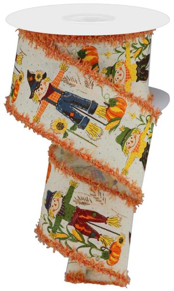 a decorative ribbon with a repeating pattern of scarecrow illustrations, including a scarecrow holding a pumpkin and a scarecrow with a sunflower.