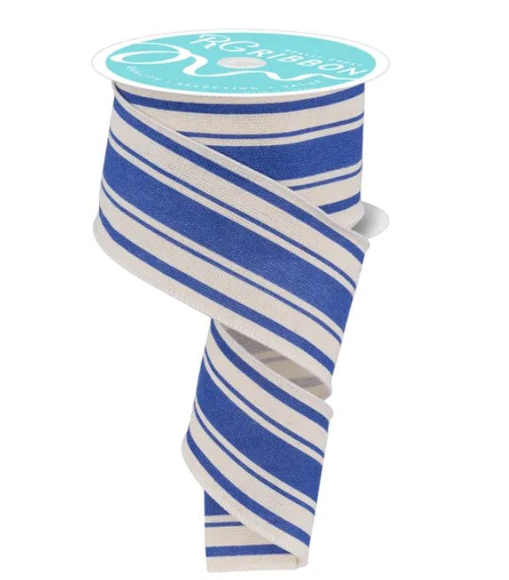 A roll of blue and white striped ribbon with a label on top.