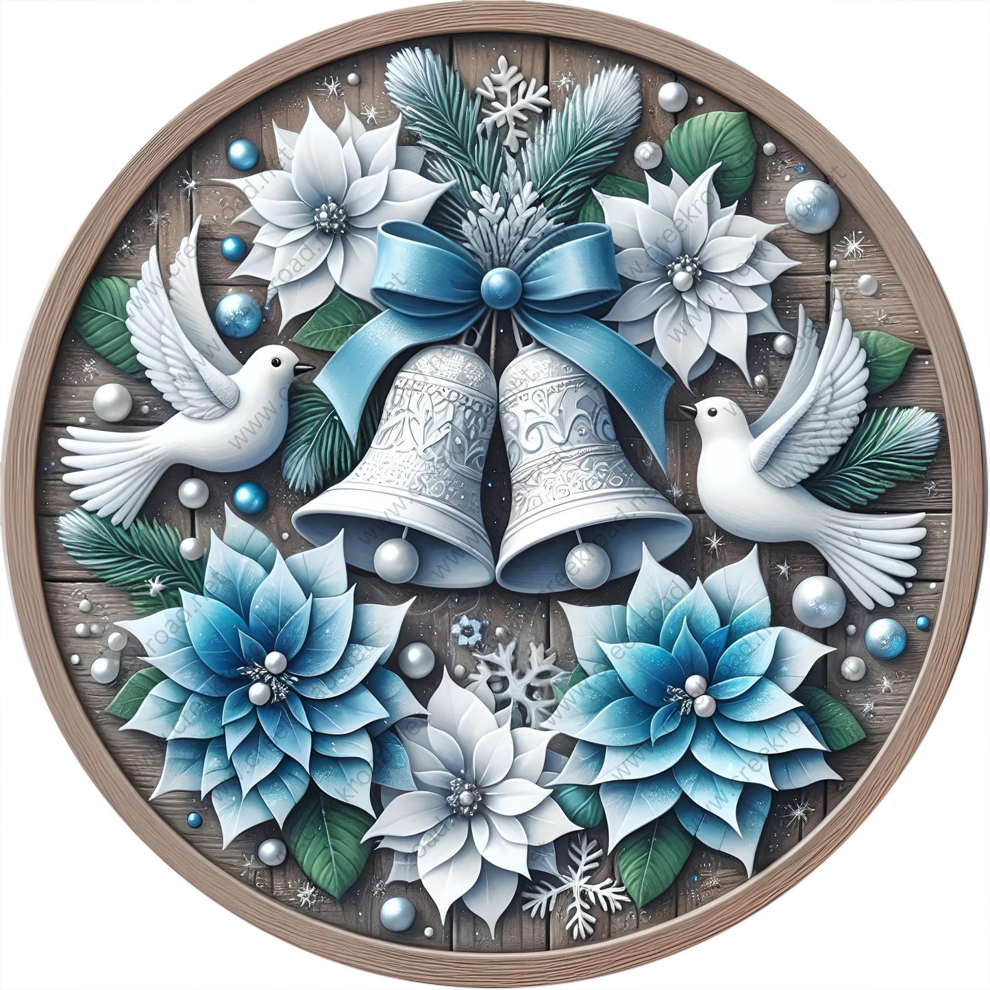 A circular arrangement of white flowers, blue bells, and white birds against a wooden background.