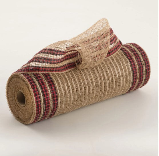 A burlap roll with a red and black plaid pattern, sitting on a white surface.