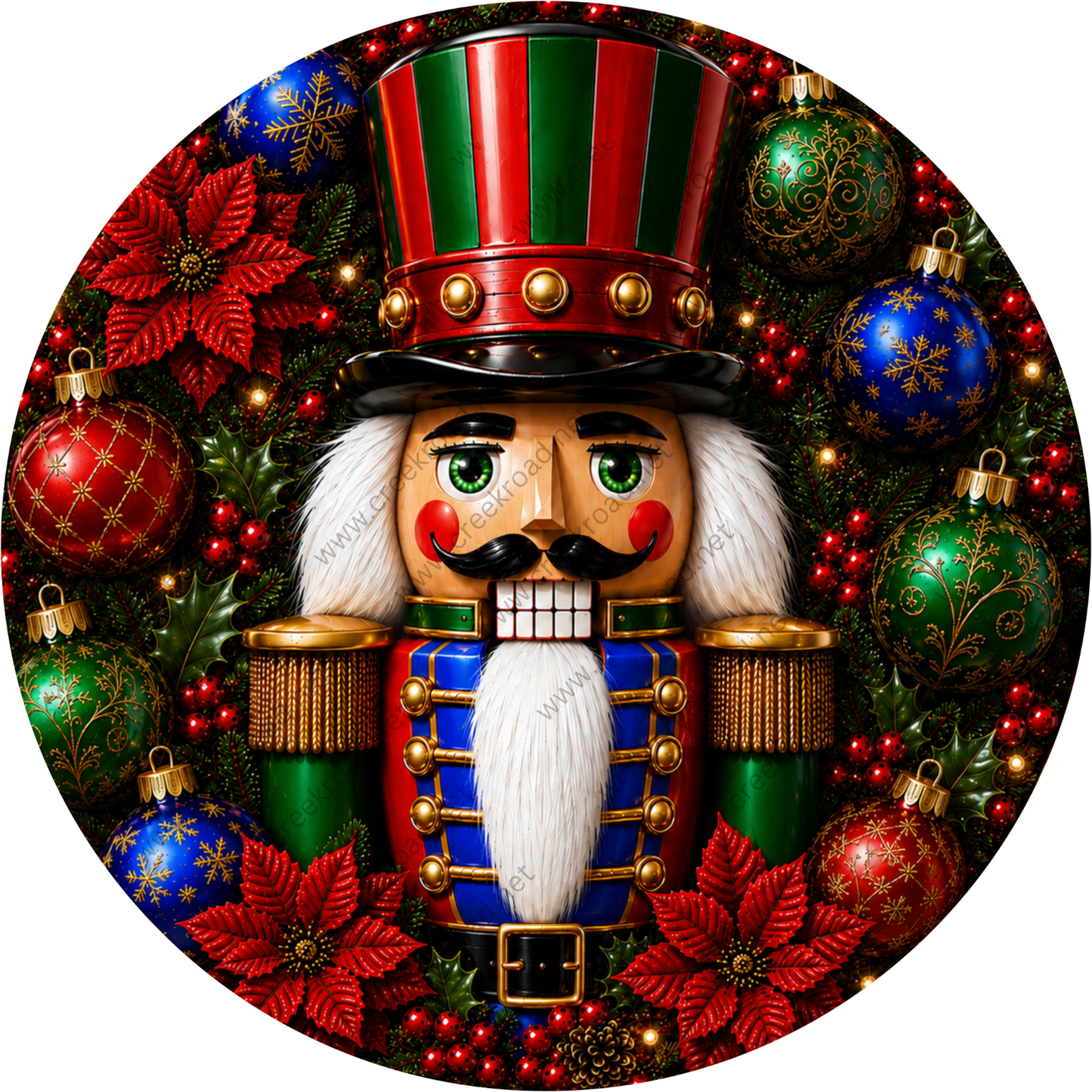 A nutcracker figure surrounded by Christmas decorations, including poinsettias, ornaments, and a wreath.