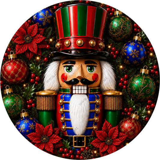 A nutcracker figure surrounded by Christmas decorations, including poinsettias, ornaments, and a wreath.