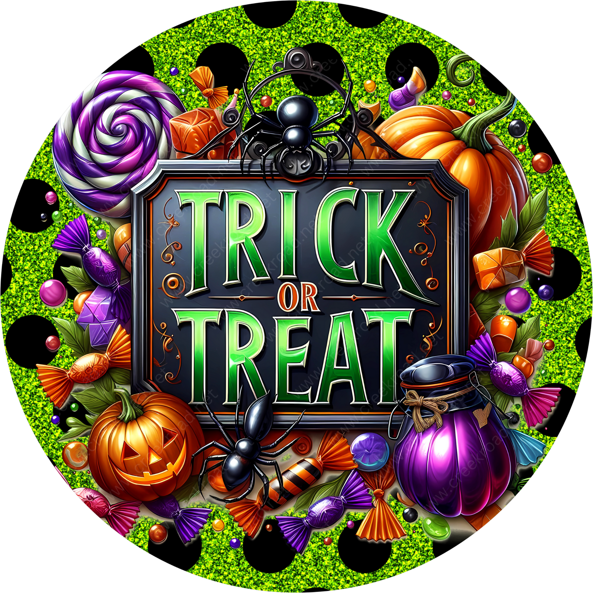 a trick or treat sign surrounded by halloween decorations