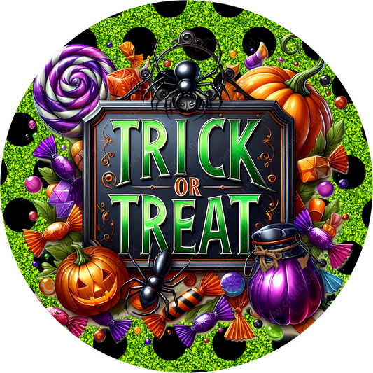 a trick or treat sign surrounded by halloween decorations