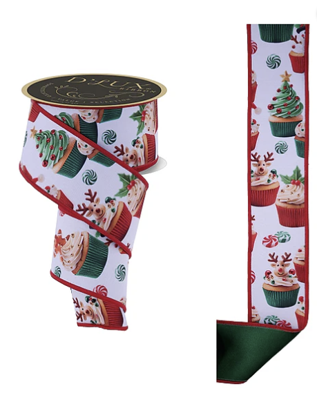 a Christmas-themed ribbon with a pattern of cupcakes and Christmas trees.