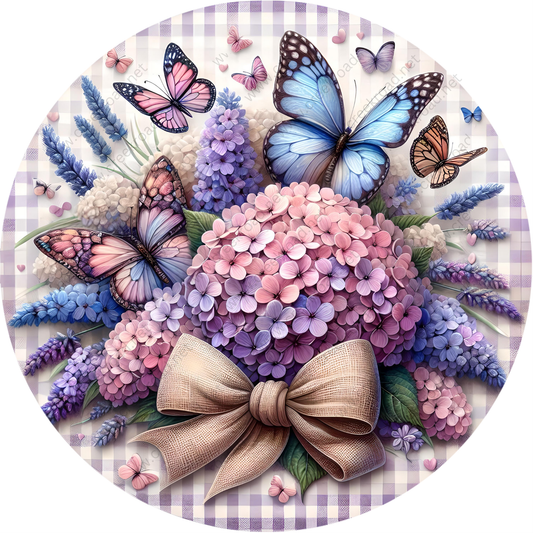 A vibrant bouquet of colorful flowers, including hydrangeas, lavender, and other blooms, is arranged in a circular frame. Butterflies are seen fluttering around the flowers, adding a sense of movement and life to the scene.