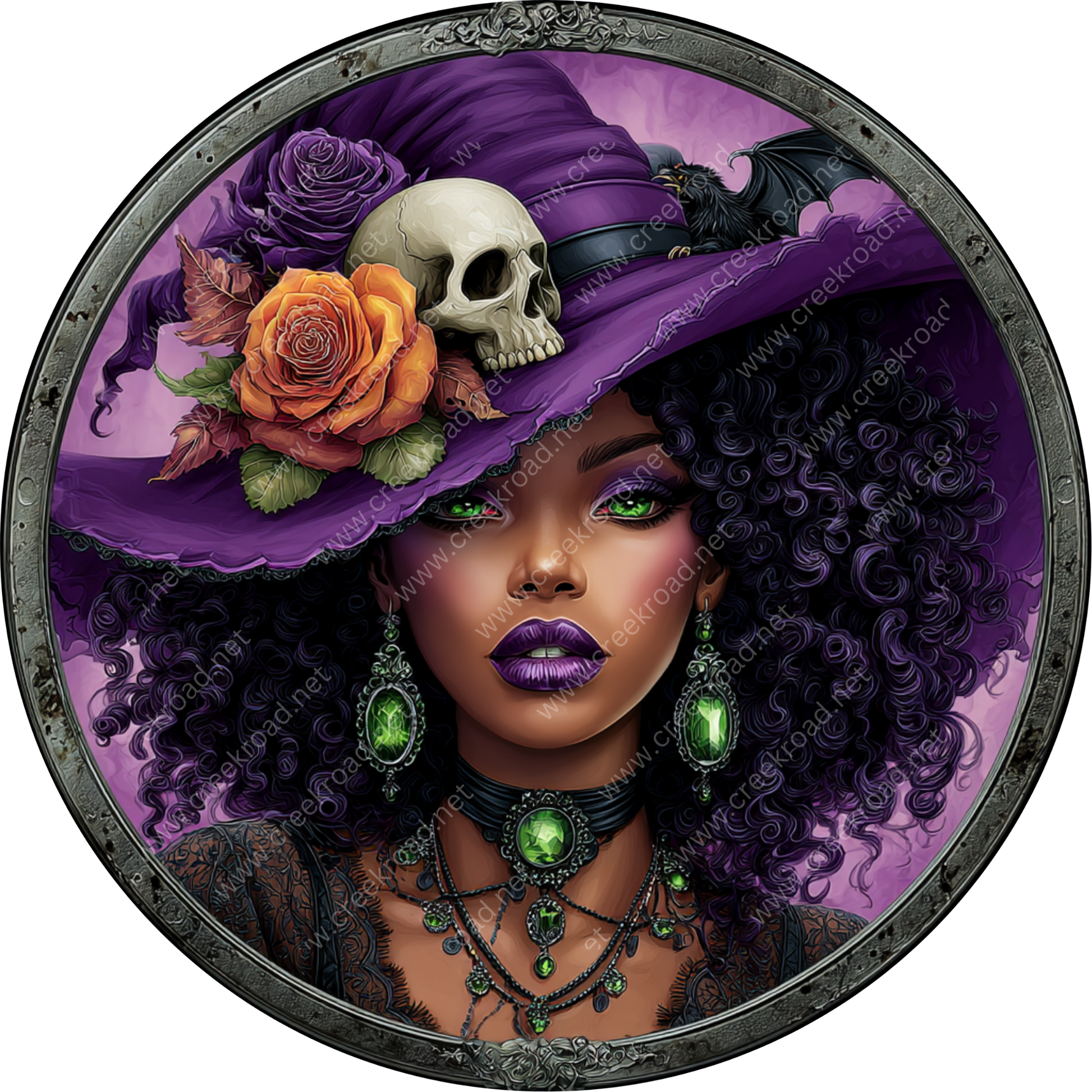A woman with long, curly purple hair wearing a purple witch's hat adorned with a skull, rose, and other floral elements. She is wearing a necklace with green stones and has dark makeup, giving her a gothic or fantasy-inspired appearance.