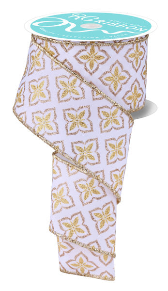 a decorative floral pattern on a ribbon, with a turquoise background.