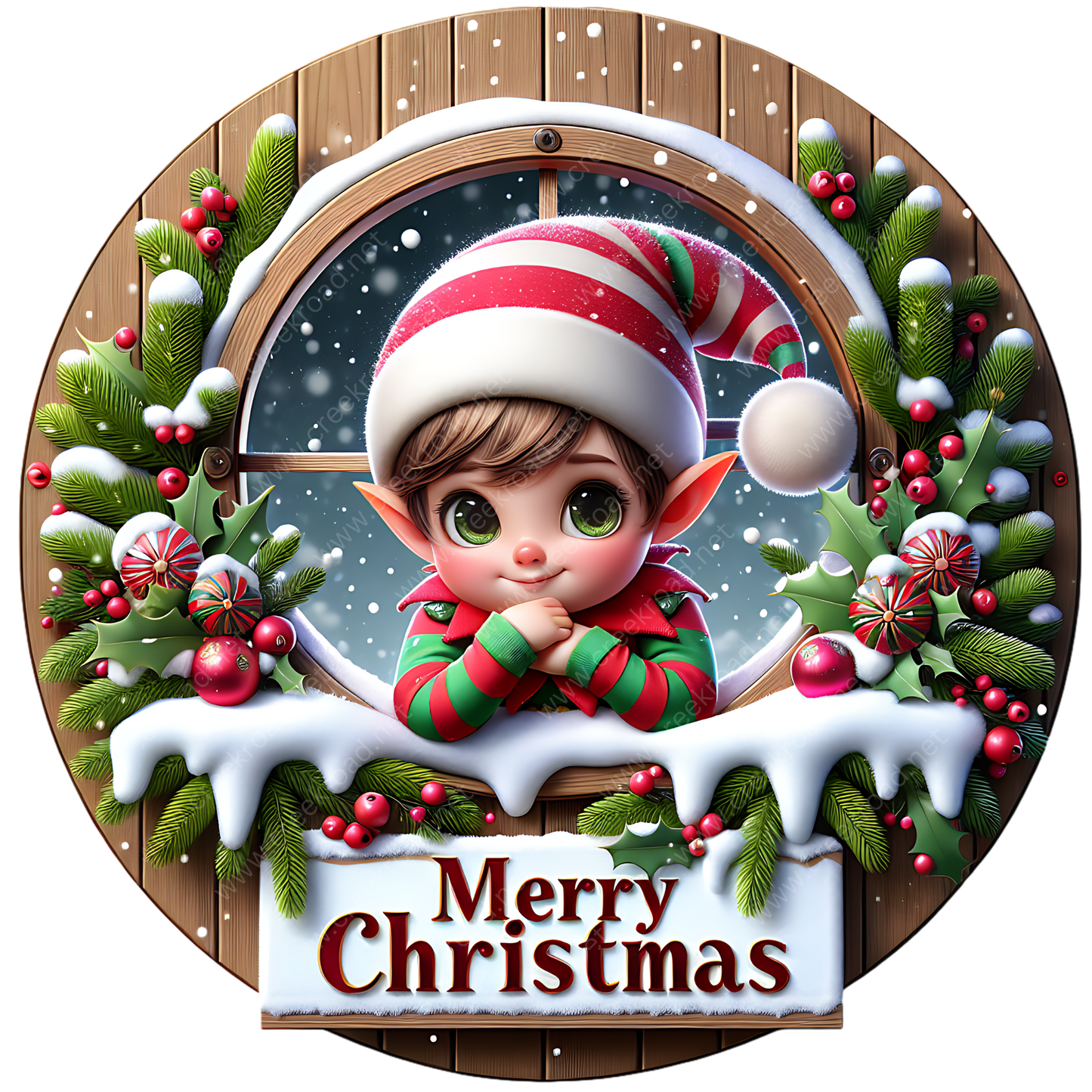 A cheerful Christmas wreath with a smiling elf peeking out from behind a window, surrounded by snow, berries, and a "Merry Christmas" sign.