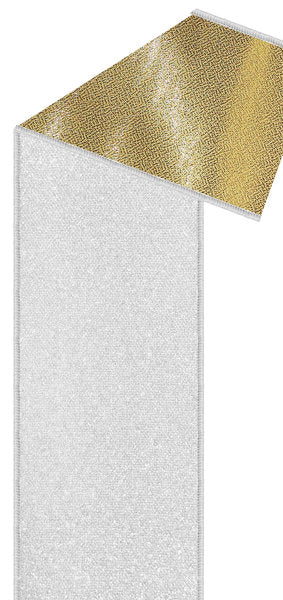 a white and gold patterned fabric, with the gold pattern appearing to be shiny and textured.
