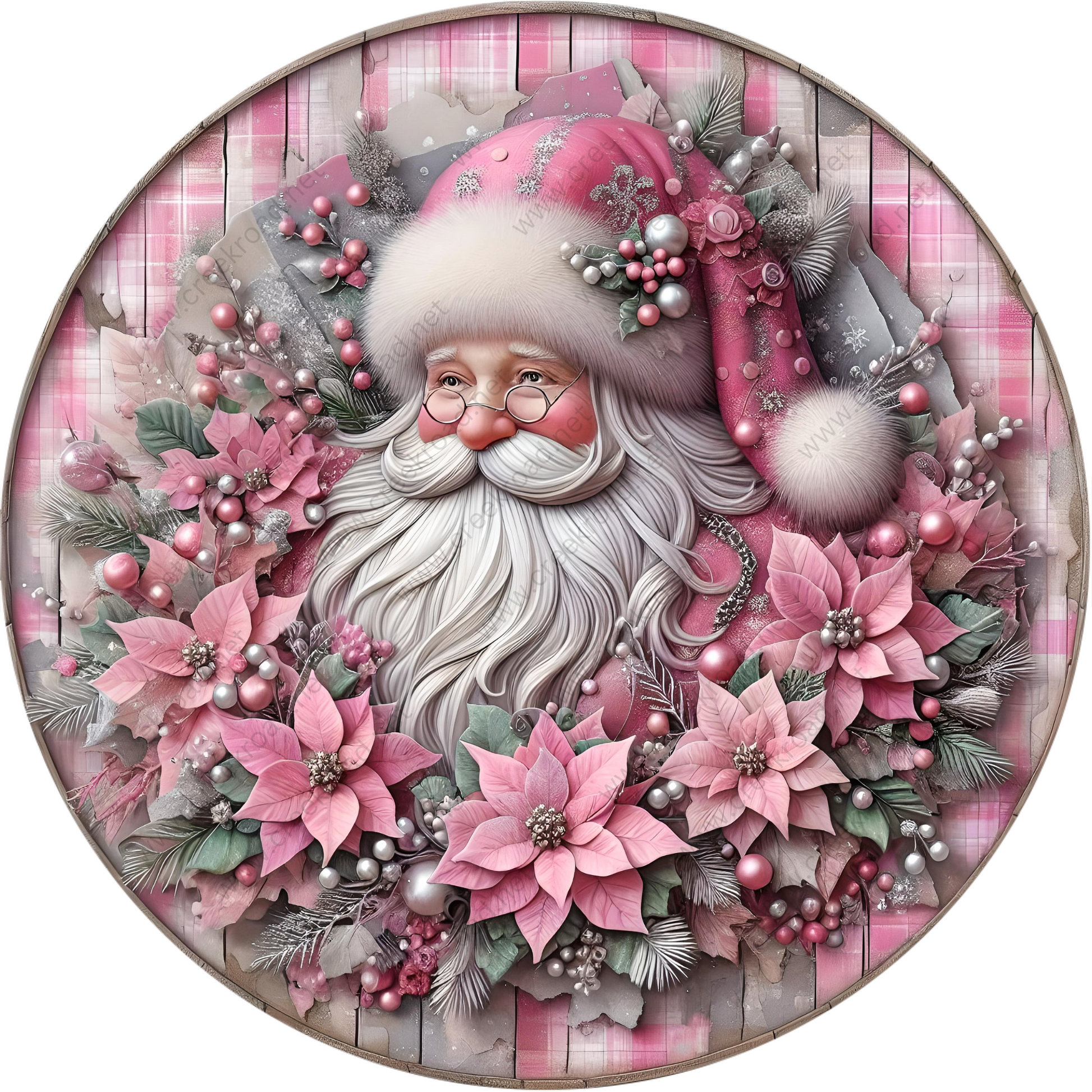 a painting of a santa claus surrounded by poinsettis