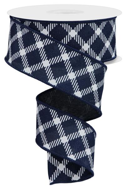 a blue and white plaid ribbon with white crosses on it