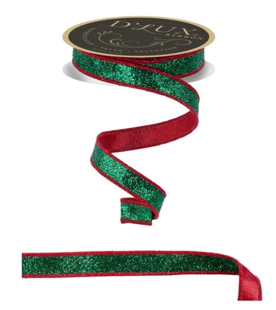 A roll of green glitter ribbon with red trim, displayed against a white background.