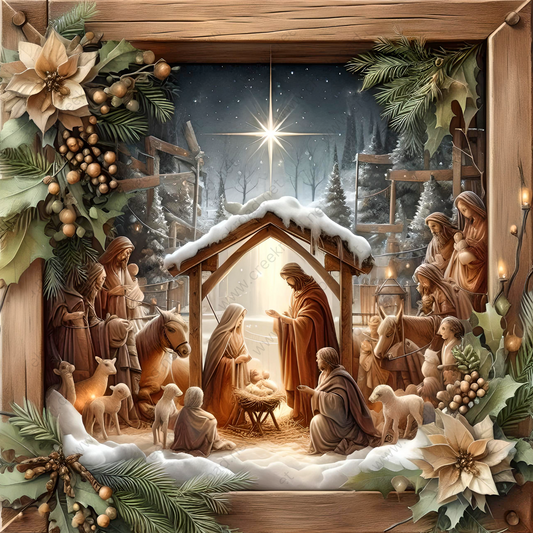 a christmas scene with a nativity scene in a wooden frame