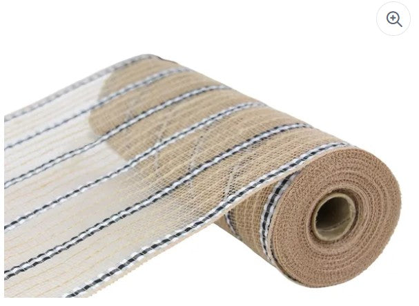 A roll of burlap with a striped pattern, featuring a beige and white color scheme.