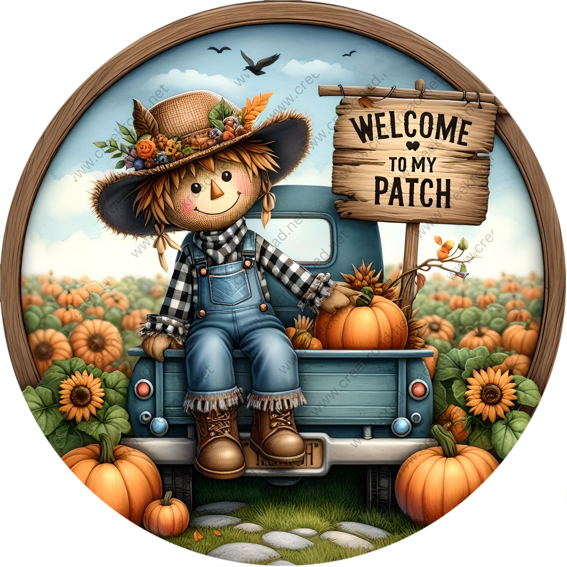 a painting of a scarecrow sitting on a truck with a welcome to my patch