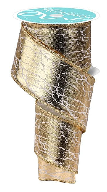 a gold and white patterned ribbon with a turquoise label.