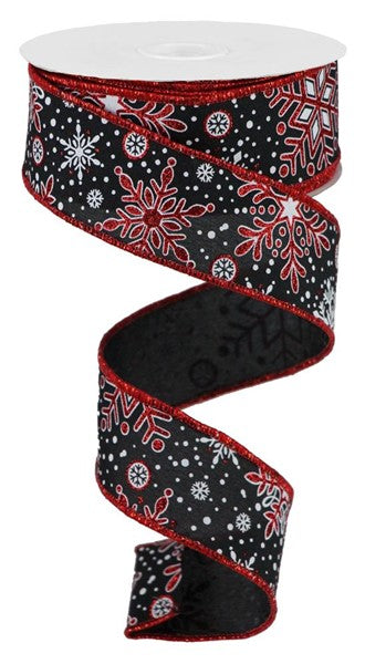 a black and red ribbon with snowflakes on it