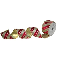 a roll of red and gold ribbon on a white background