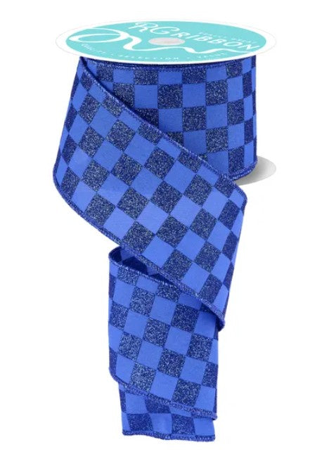 A roll of blue and black checkered ribbon with a white label.