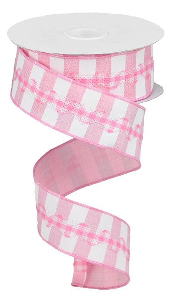 a pink and white checkered ribbon on a white background