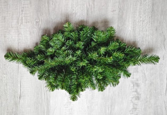 A lush, green pine branch is arranged on a wooden surface, creating a natural and festive display.