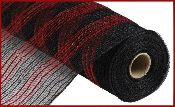 a roll of black and red mesh on a white background