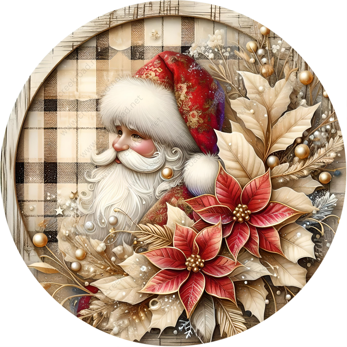 a painting of a santa claus surrounded by poinsettis