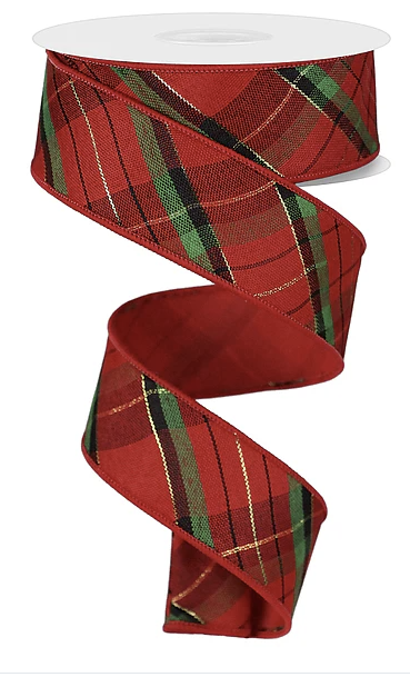 A red plaid ribbon with green and black stripes is shown in the image.