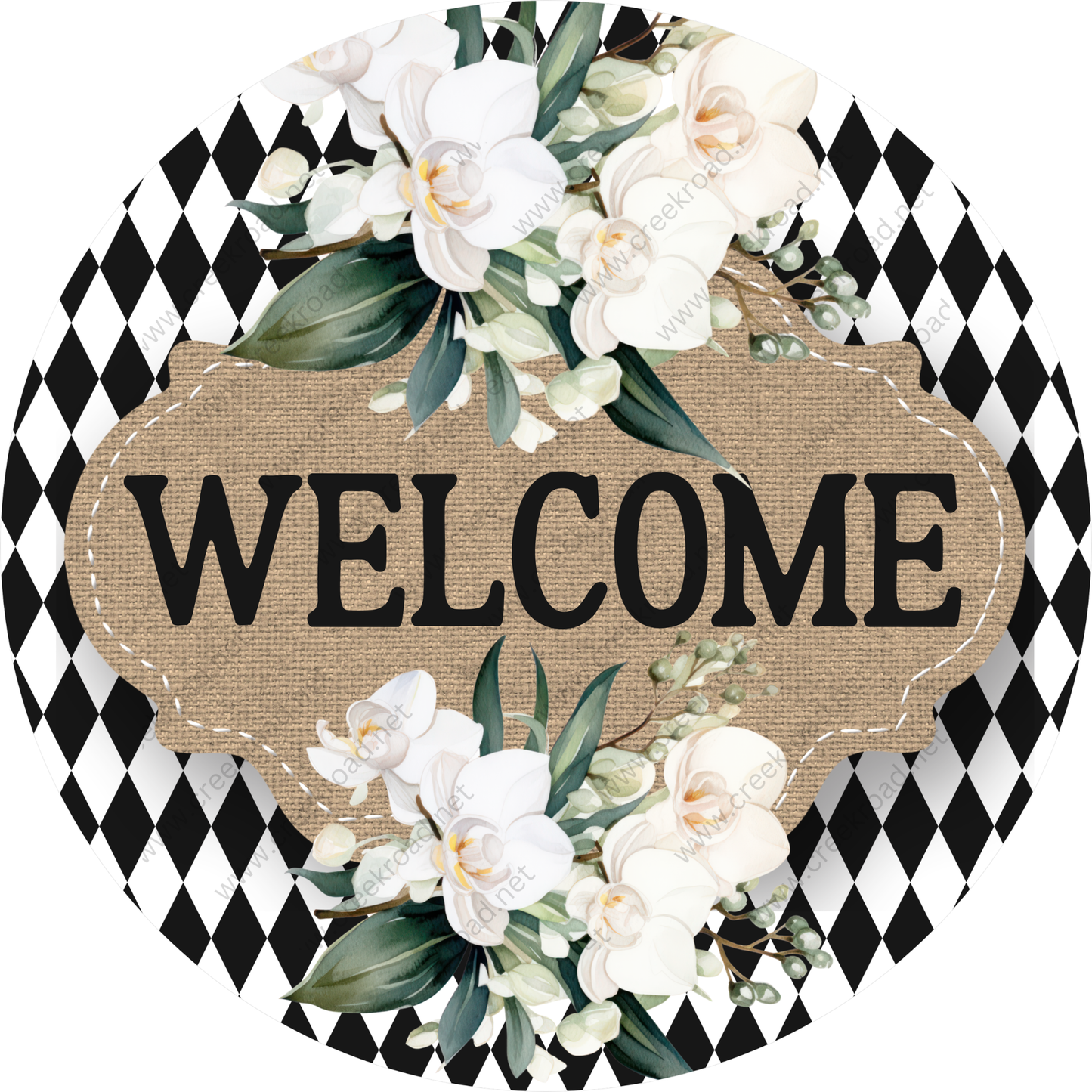 A circular sign with a floral design and the word "WELCOME" written on it.