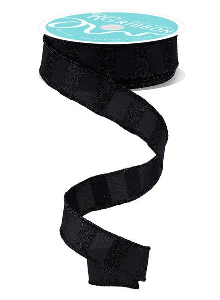 A spool of black ribbon with a turquoise label.