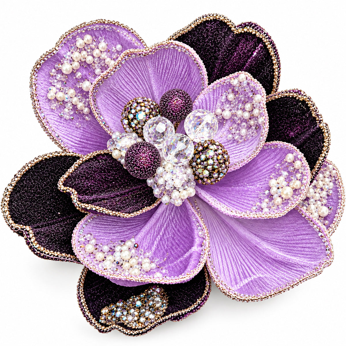 a large, intricately designed purple flower adorned with numerous jewels and pearls.