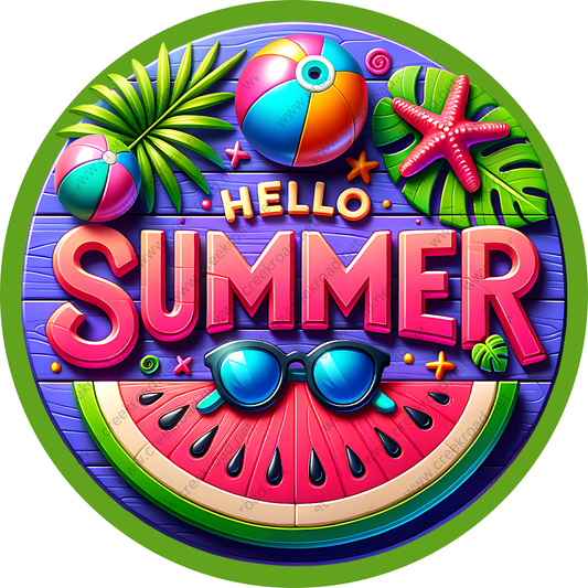 A vibrant and colorful illustration featuring the word "SUMMER" surrounded by various summer-themed objects such as a beach ball, palm leaves, a starfish, sunglasses, and a watermelon slice.