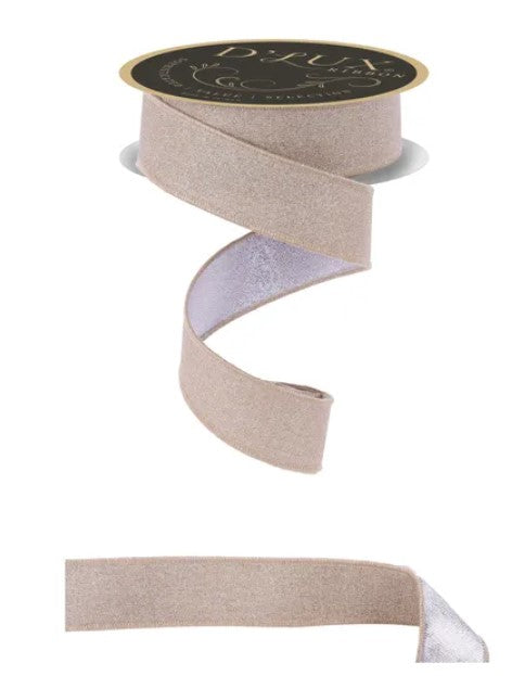 A beige ribbon with a gold label, which appears to be a decorative ribbon or gift wrap.