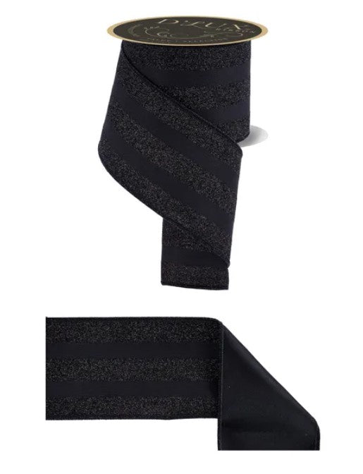 a black and silver metallic ribbon with a gold-colored label.