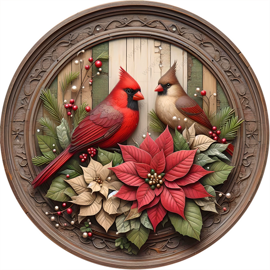 a painting of two birds sitting on top of poinsettis