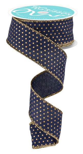 a blue and gold dotted ribbon with gold dots