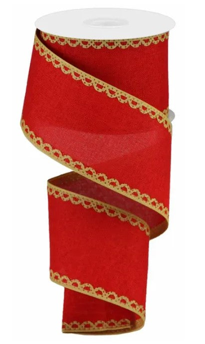 A red and gold decorative ribbon with a scalloped edge.